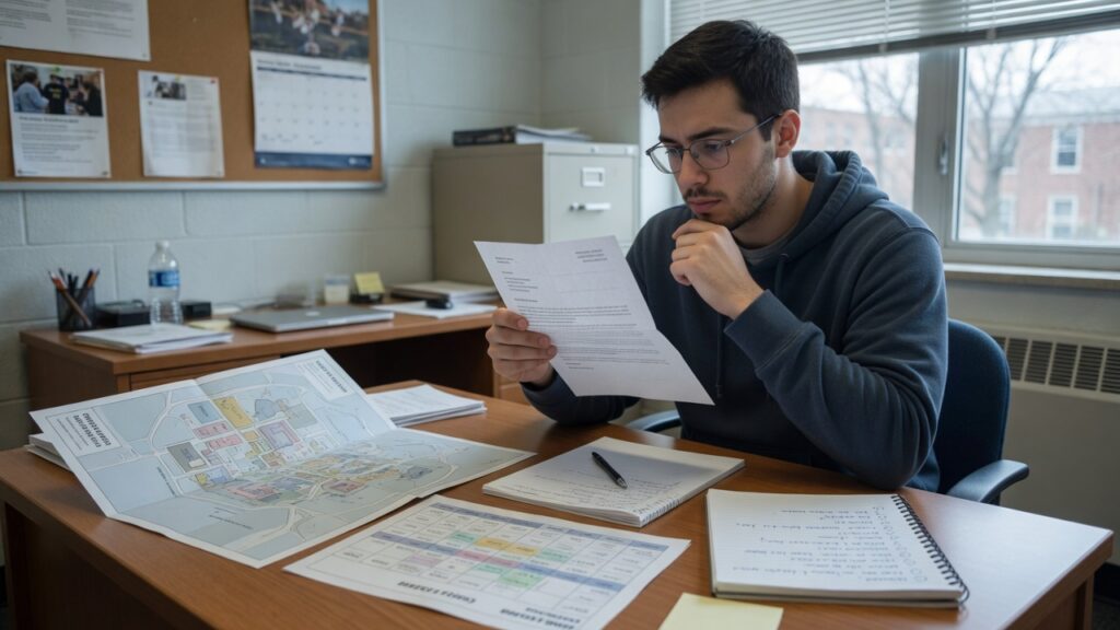 Student reading a one-page letter at a desk beside a campus map and class schedule