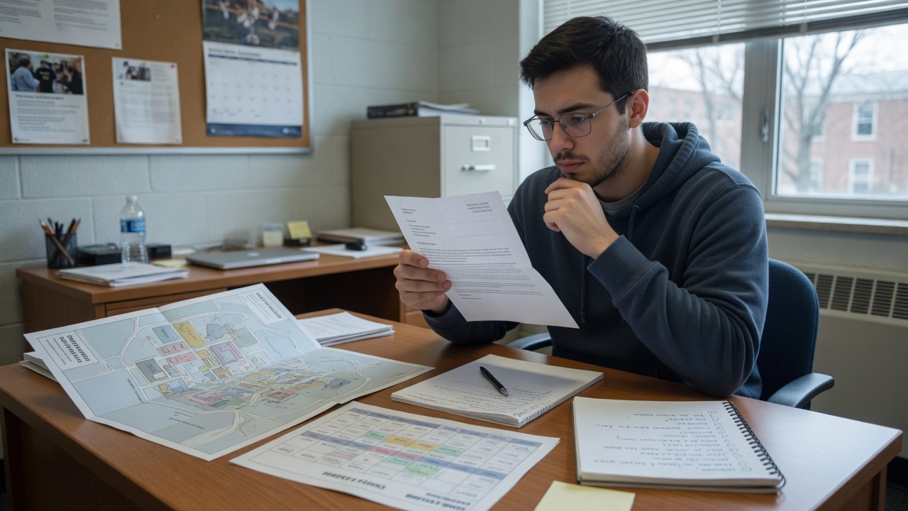 Student reading a one-page letter at a desk beside a campus map and class schedule
