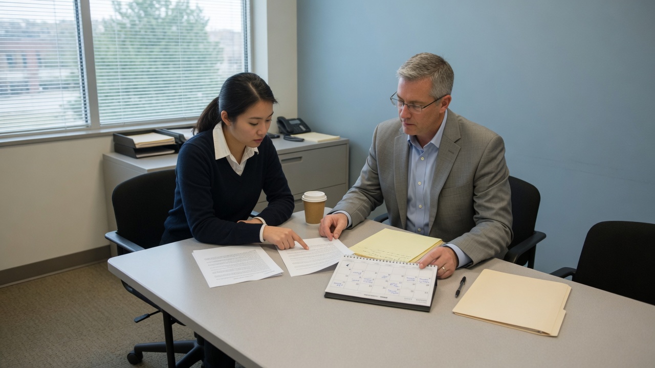 Two adults reviewing a notice and calendar at an office table