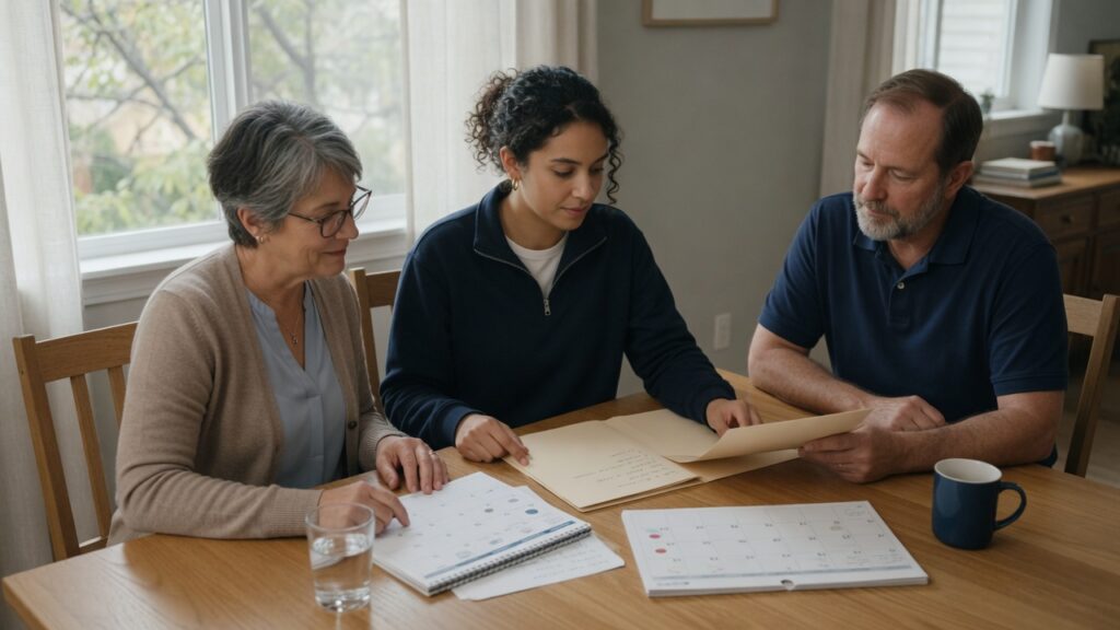Adult student and parents discussing documents at a table