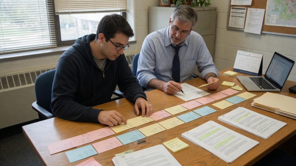 Student and advisor arranging dated index cards into a timeline at a table