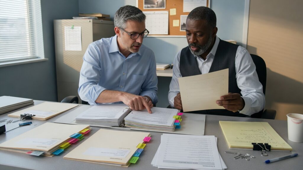 Two professionals reviewing binders and documents at a table