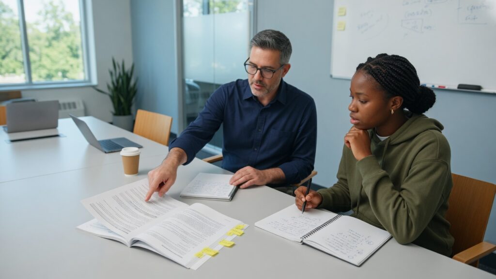 Two adults reviewing an investigation report together