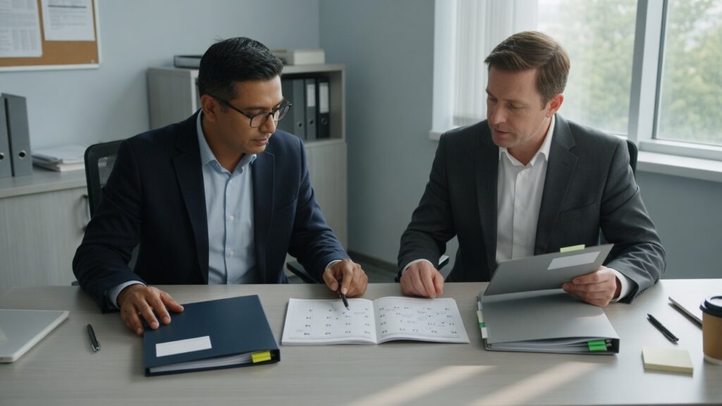 Two professionals comparing separate document folders at a table
