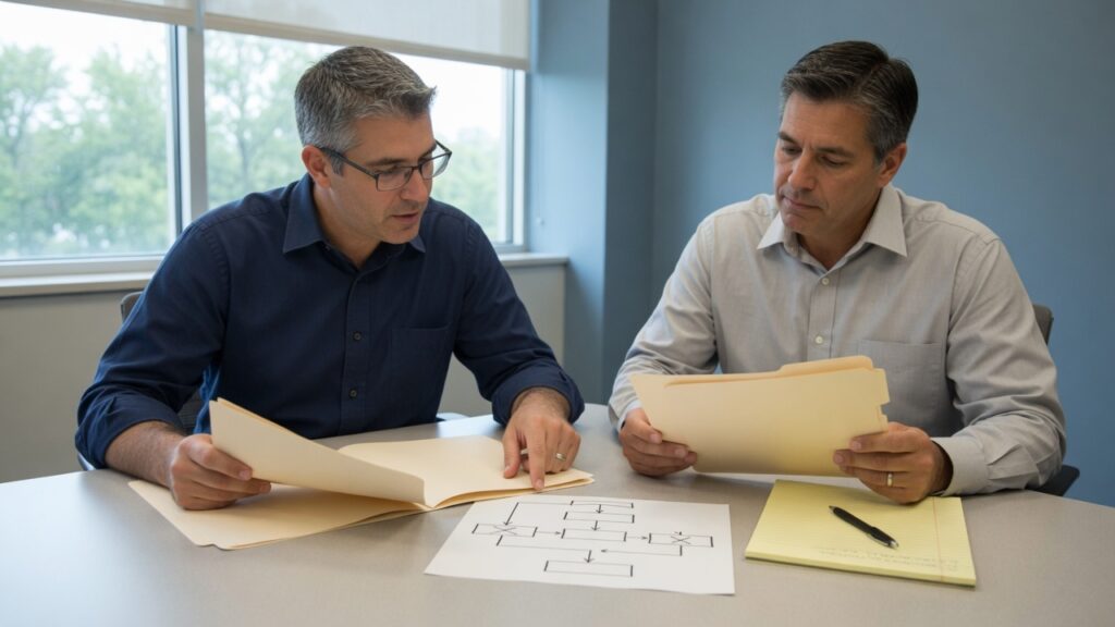 Two professionals comparing documents and a process chart