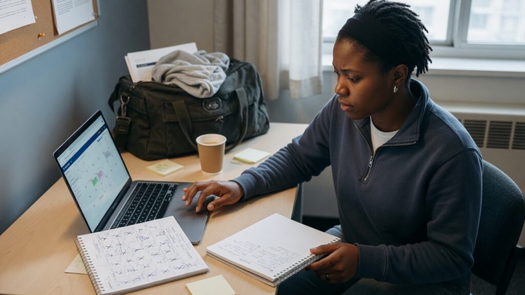 Adult student reviewing plans at a laptop beside a travel bag